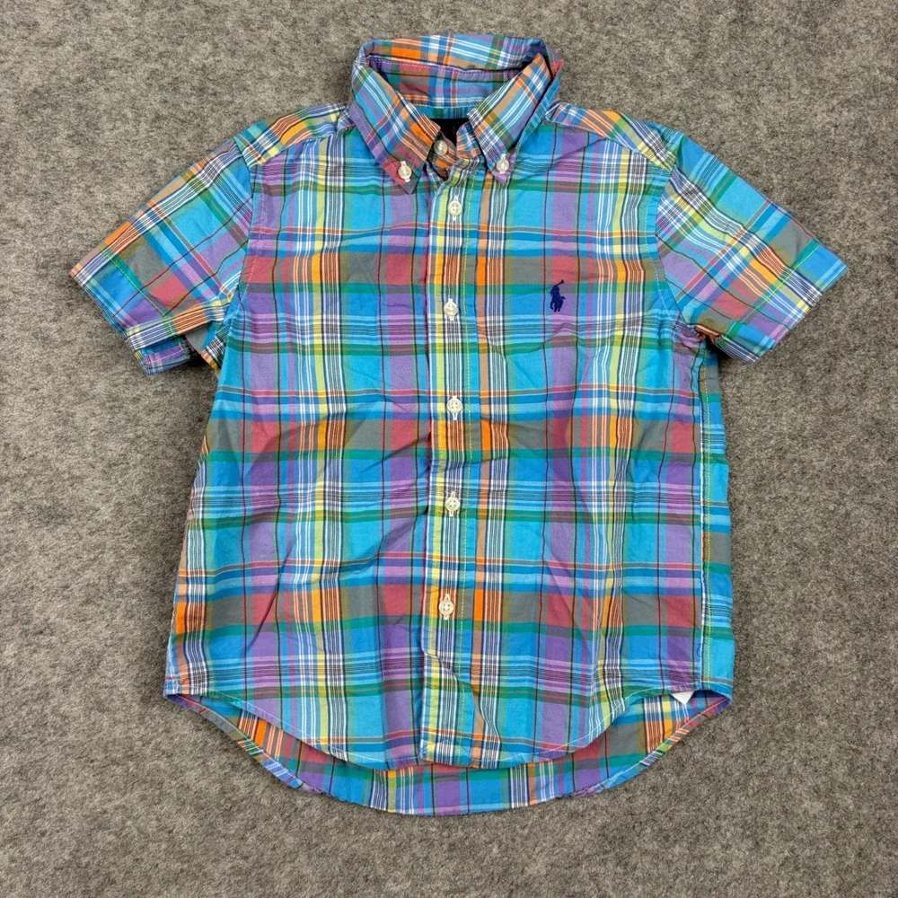 Ralph Lauren Button Down Shirt Boys Size 4 Multicolor Plaid Short Sleeve Cotton